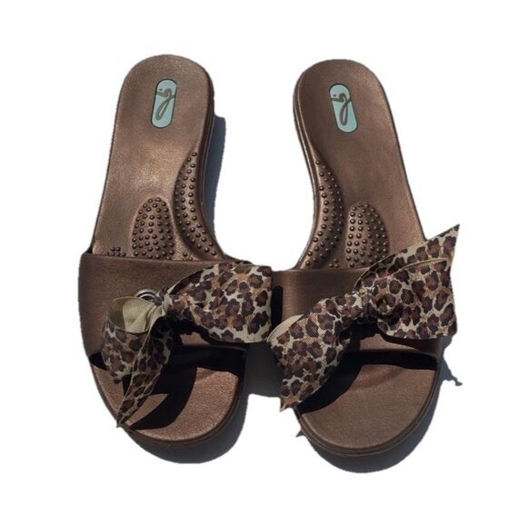 OKABEE FLIP FLOPS  COPPER WITH Leopard print Tie SIZE ML 8/9 RARE USA Made - Picture 1 of 12